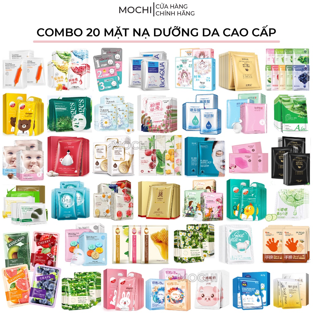 COMBO 20 Mặt Nạ Dưỡng Da l Cấp Ẩm l Trắng Da l Ngừa Mụn Mask Giấy Đắp Mặt Nội Địa Trung Cao Cấp MOCHI SHOP