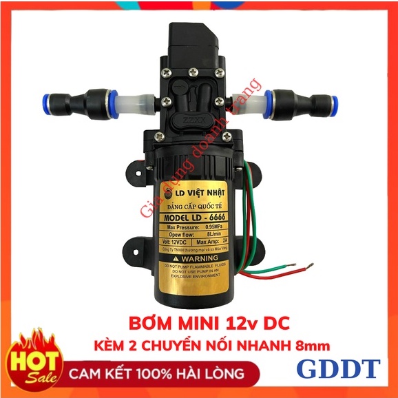 Máy bơm nước mini 12v, Máy bơm phun sương việt nhật kèm đầu chuyển nối nhanh 12mm ra 8mm