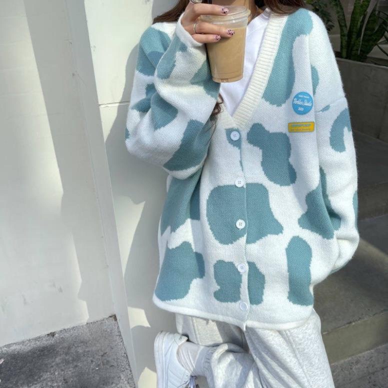 SALE SOCK Freeship Áo Cadigan Len Hoạ Tiết Bò Sữa Kèm Ảnh Thật