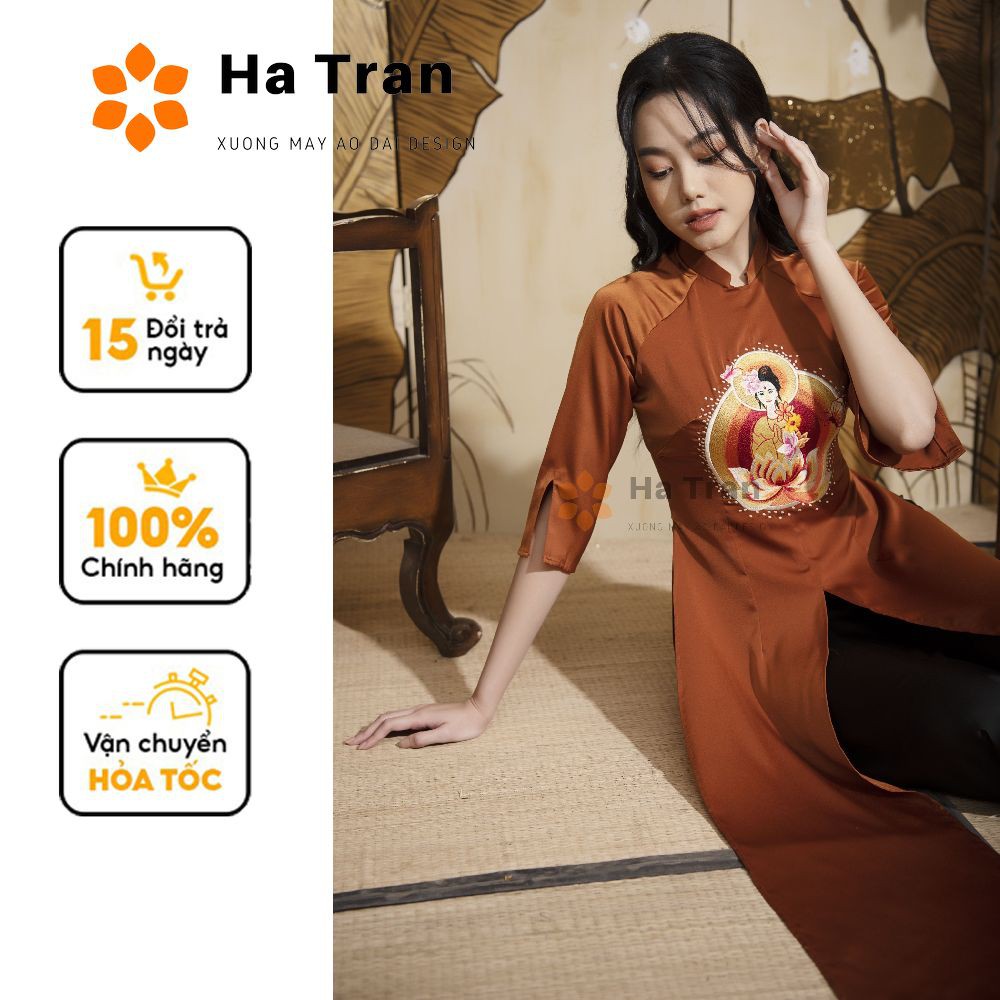Áo dài cách tân đi lễ chùa cao cấp thêu phật màu NÂU,NÂU SÁNG chất liệu lụa mềm mịn lịch sự sang trọng Madam Hà Trần