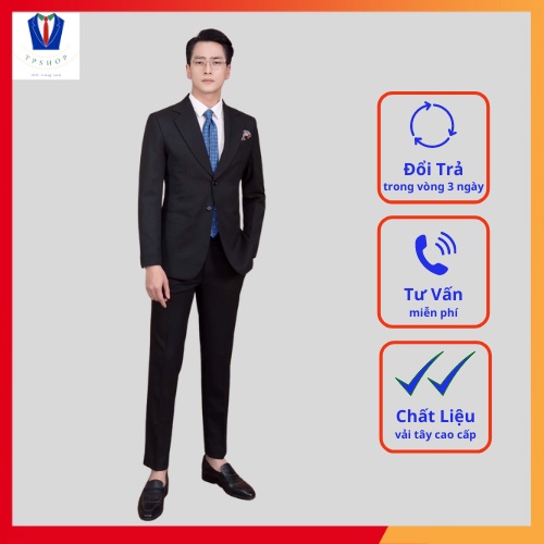 Bộ vest nam đẹp màu xanh than 2 khuy full size [Áo vest + Quần]