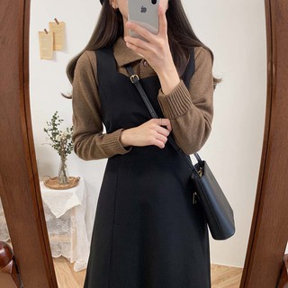 Order set váy yếm áo len nâu