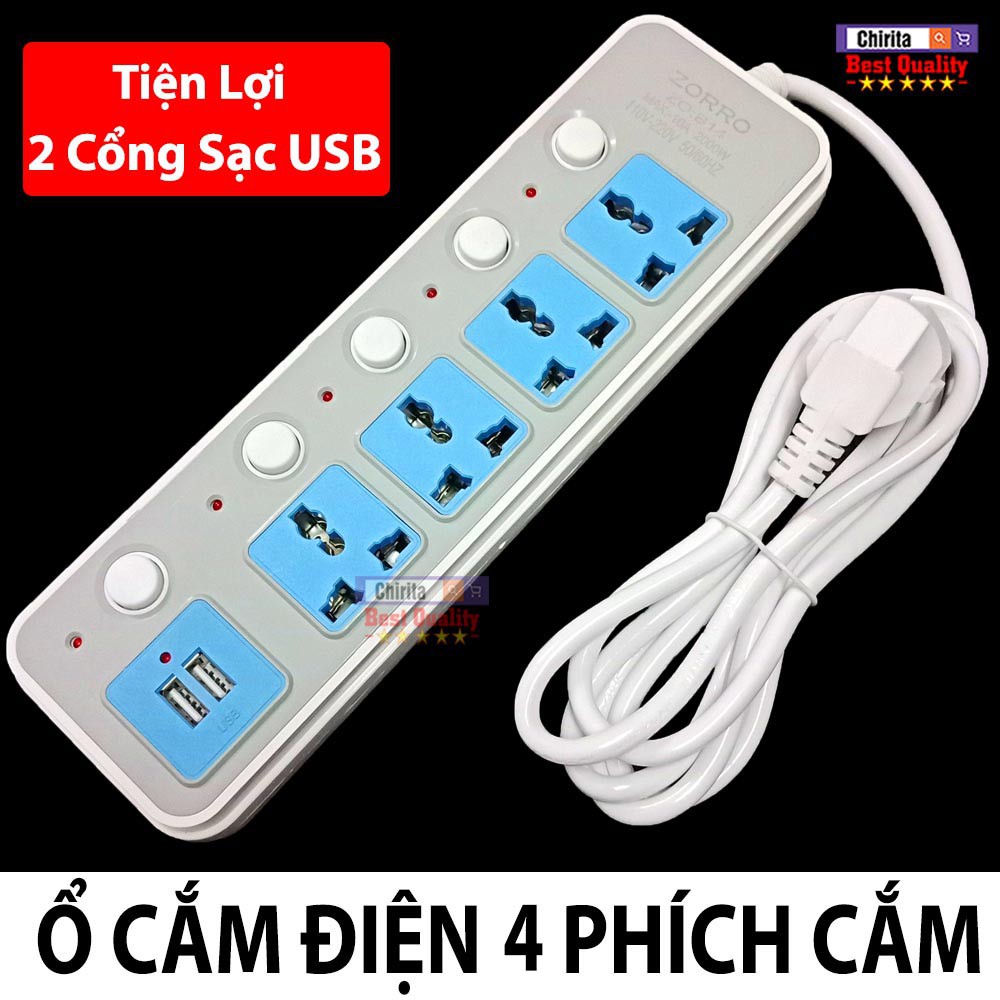 B14 Ổ Cắm Điện Đa Năng 4 Phích Cắm 3 Chấu - 2 Cổng Sạc USB Tiện Lợi B14