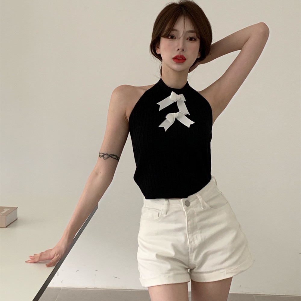 Áo cổ yếm hai nơ trước ngực chất dệt kim cao cấp gân đũa -ACN31