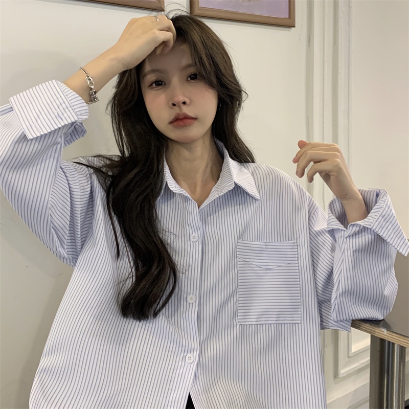 【ZHELIHANGFEI】Áo Sơ Mi Tay Dài Họa Tiết Sọc Theo Phong Cách Preppy Dễ Phối Đồ