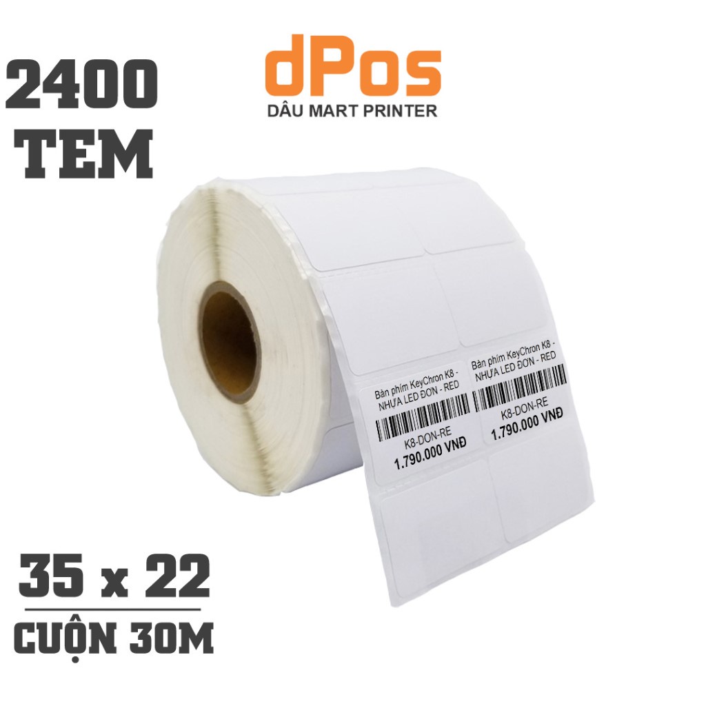 Cuộn 2400 tem decal nhiệt 35x22mm 2 hàng tem dài 30m dùng in tem mã vạch Minicode dán lên sản phẩm và hàng hóa