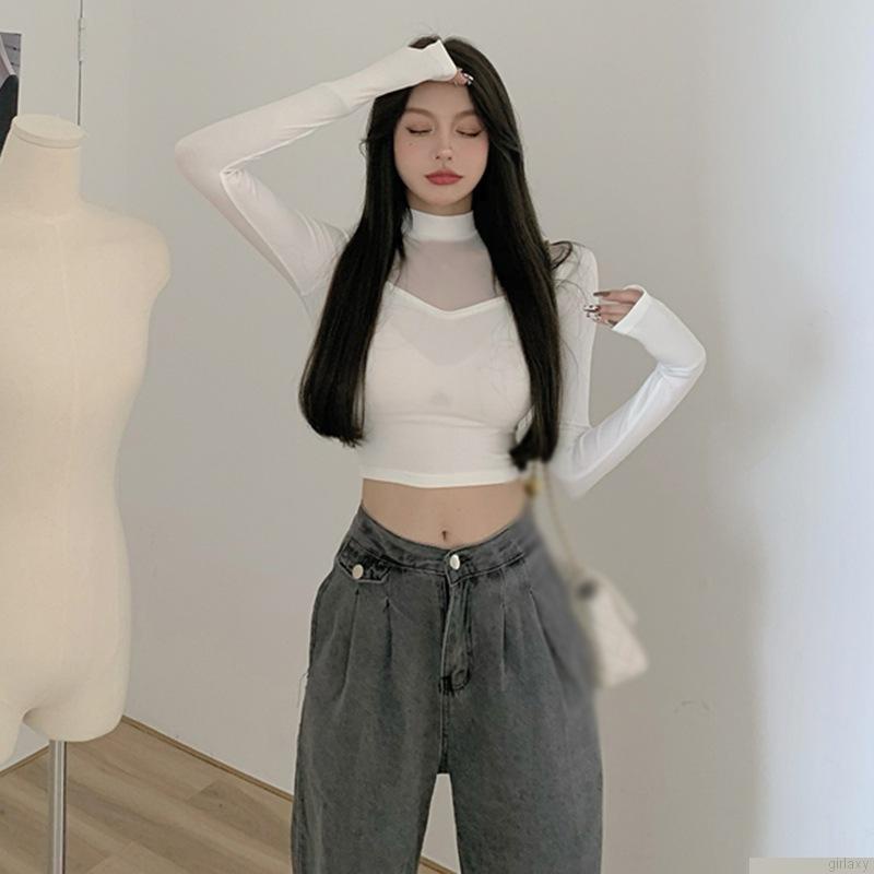 Áo thun lửng tay dài cổ lọ màu sắc trong suốt thời trang Hàn Quốc cho nữ