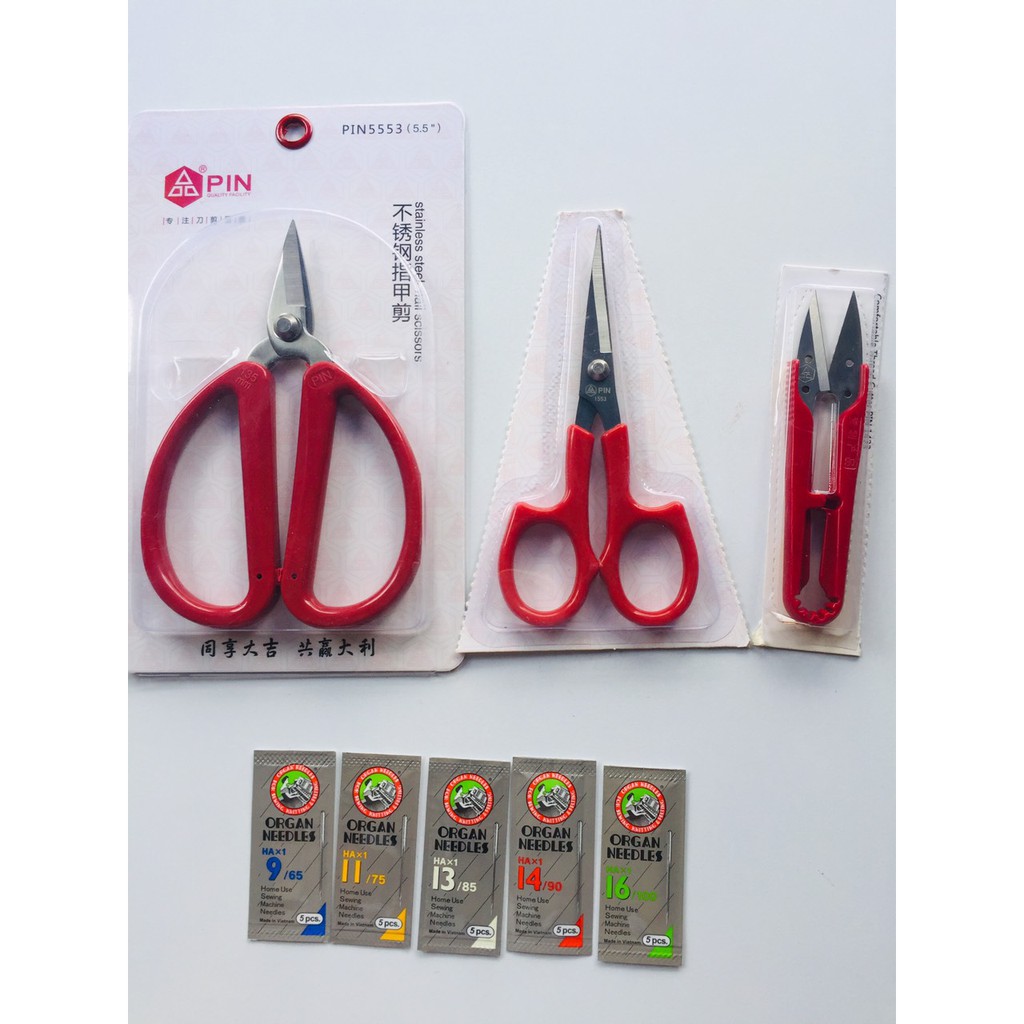 Combo 1 kéo bấm chỉ mũi cong kéo bổ cơi kéo bấm chỉ pin và 5 vỉ kim máy may gia đình số 9.11.13.14 và 16