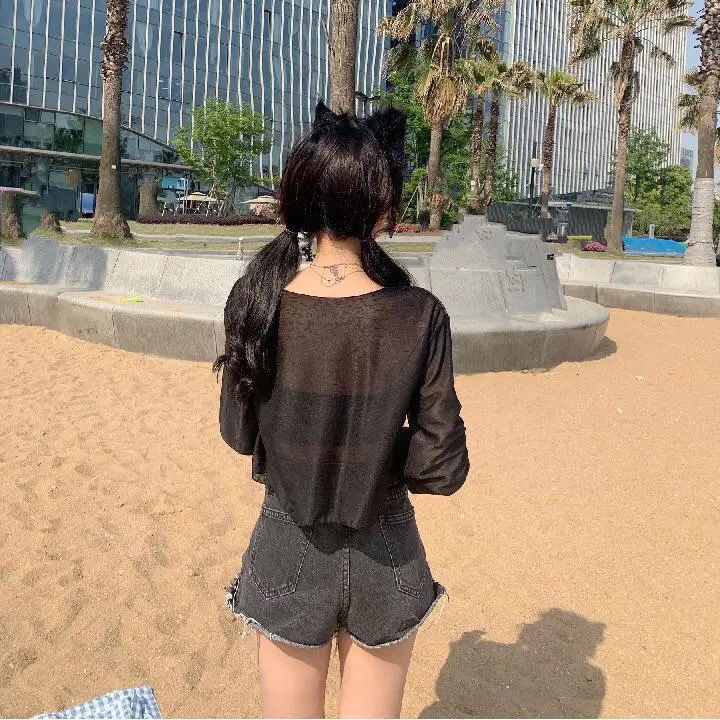 Áo Croptop Tay Dài Chống Nắng Vải Lụa Lạnh Mỏng Phối Lưới Lưng Cao Thời Trang Mùa Hè Cho Nữ