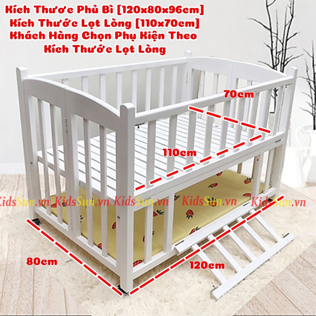 Nôi Cũi 2 Tầng Gỗ Quế Màu Trắng KIDSSUN Kích Thước (120x80x96cm) Bảo Hành 6 Tháng Hàng Xuất Khẩu Tặng Kèm Bánh Xe