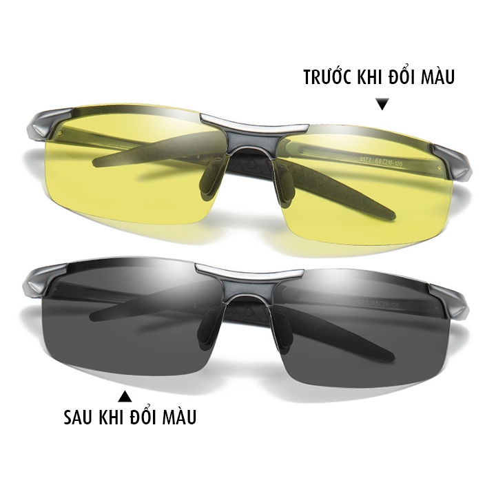 Mắt kính nam đổi màu đi ngày và đêm gọng nhôm magiê khớp lò xo nhẹ, tròng phân cực polarized chống chói, tia UV - MK1820