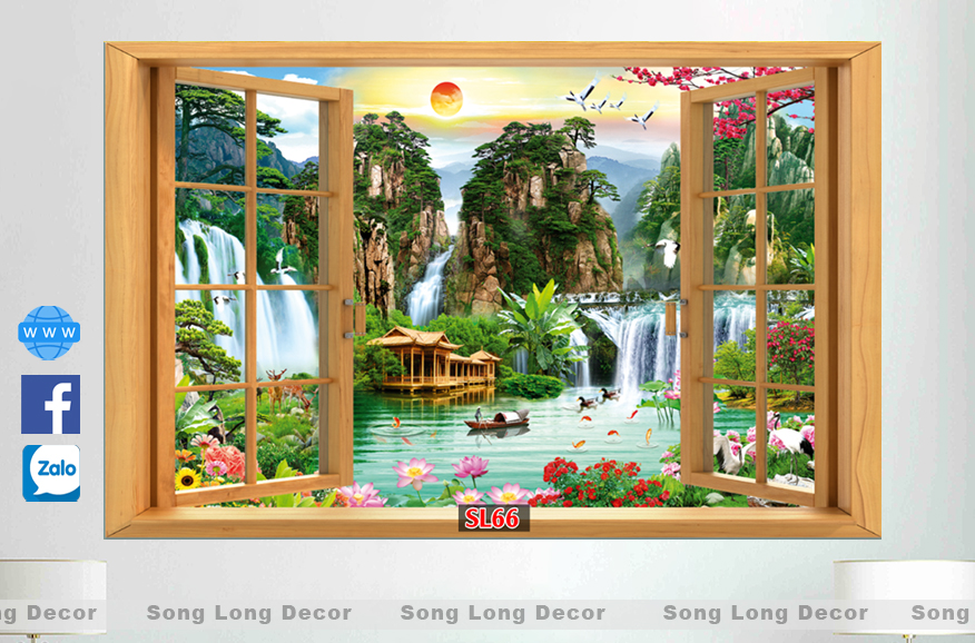 Tranh Dán Tường Cửa sổ sơn thủy - SL66-Tranh 3d Phòng Khách- Song Long Decor