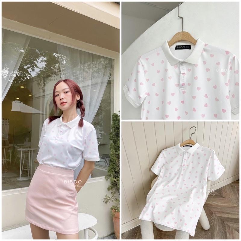 BIBOO - Áo polo họa tiết có cổ tay ngắn form unisex nam nữ TIM HỒNG - PINK HEARTS chất liệu dày dặn, không nhăn