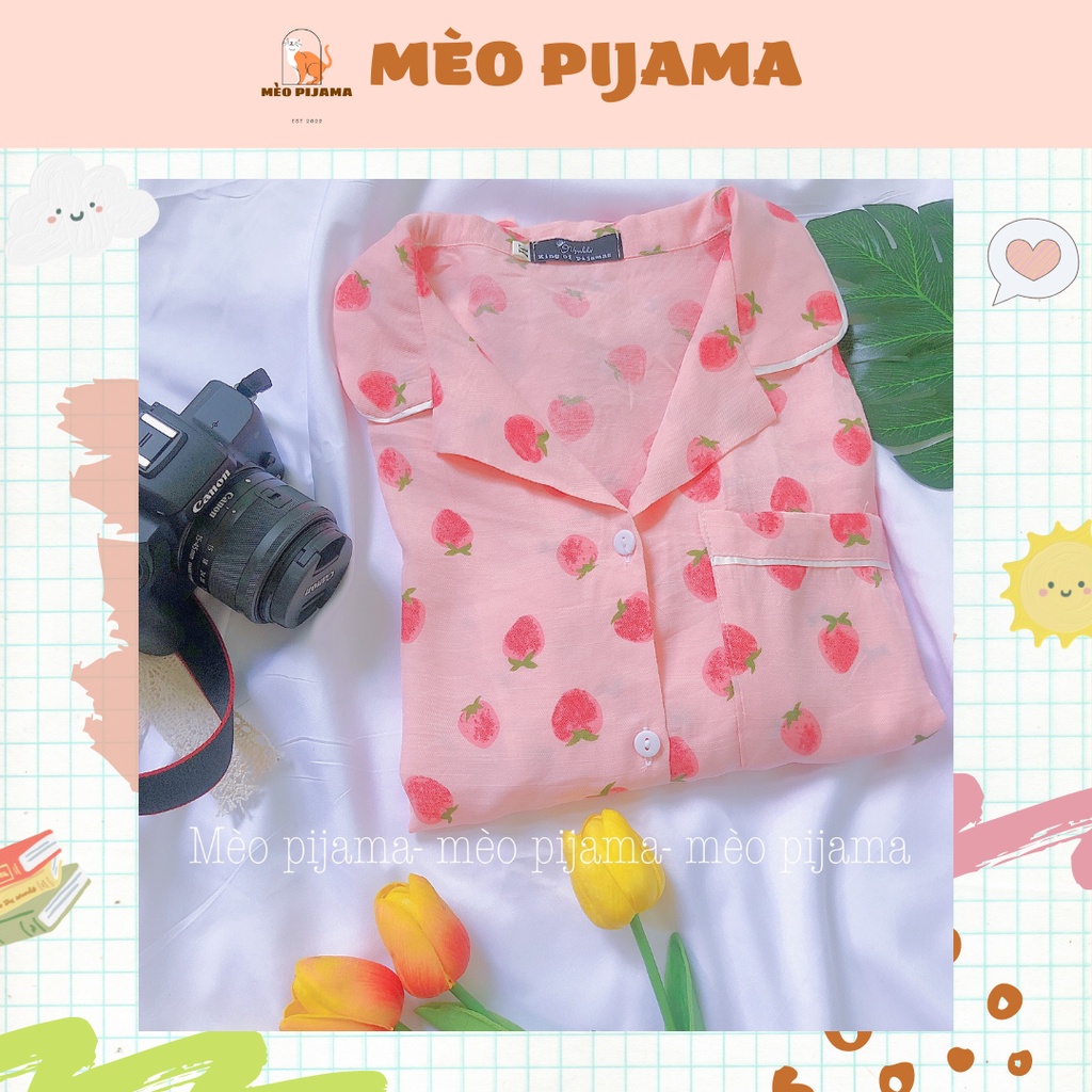 Bộ đồ ngủ nữ Đũi Lạnh Hàn hình dâu tây💕Đồ ngủ nữ bộ, Pijama nữ cute
