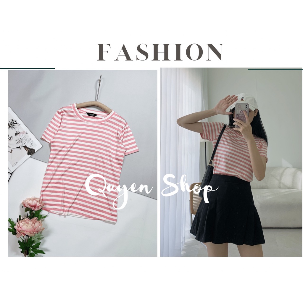 Áo Thun Nữ Cổ Tròn Sọc Ngang Thun Cotton Lạnh-QS QUYEN SHOP