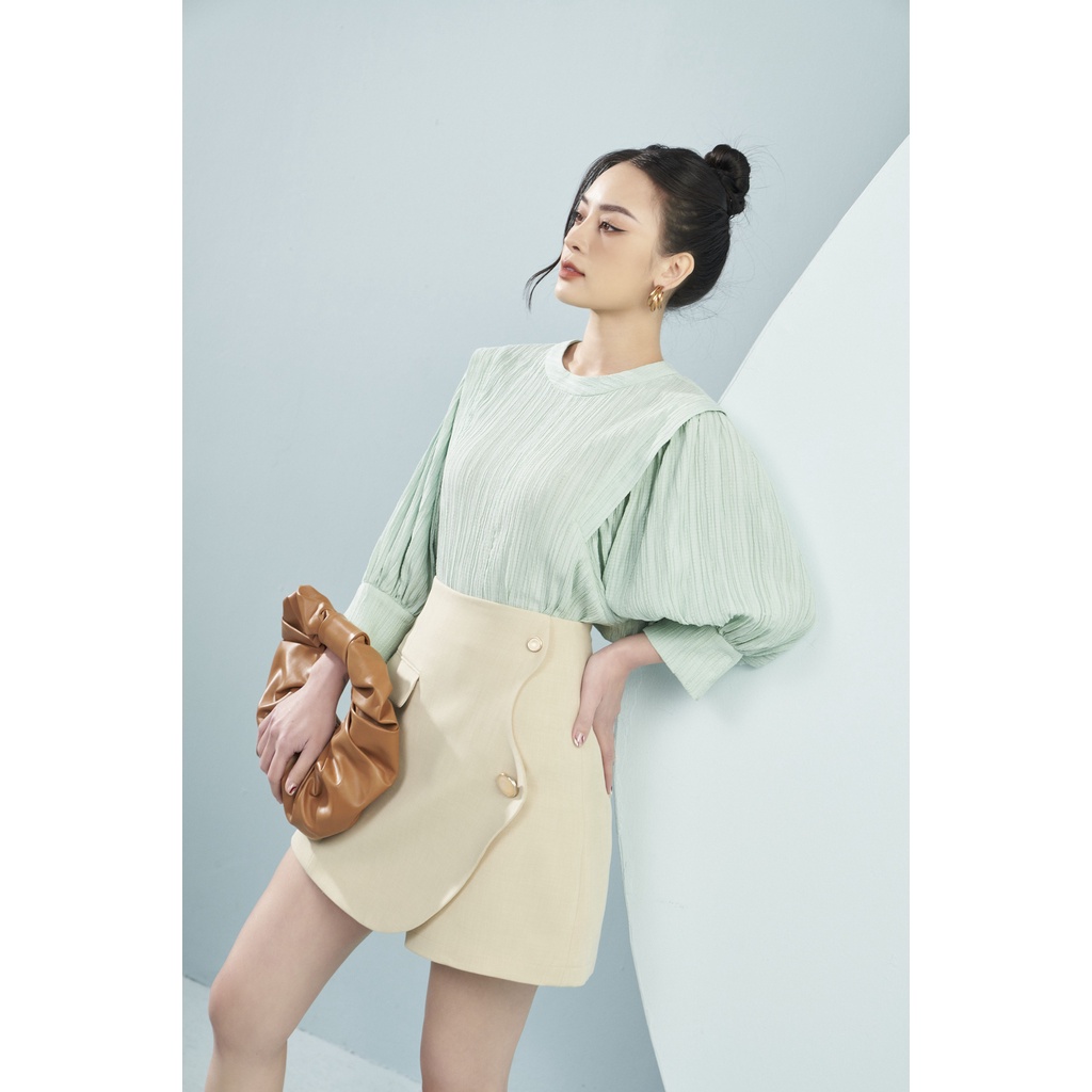MOLLYNISTA  - Áo Gina gân cổ tròn tay bồng quyến rũ nữ tính thiết kế cao cấp đi chơi đi tiệc gợi cảm