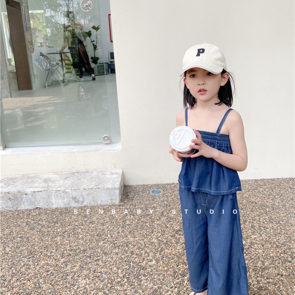Bộ Áo Hai Dây + Quần Denim Mỏng Ống Rộng Thời Trang Hàn Quốc Cho Bé Gái