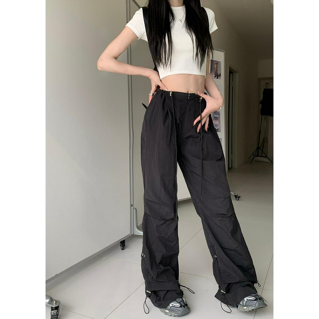 qkoole Quần ống rộng Lưng Cao Dây Rút Phong Cách Mỹ Thời Trang Mùa Hè Cho Nữ