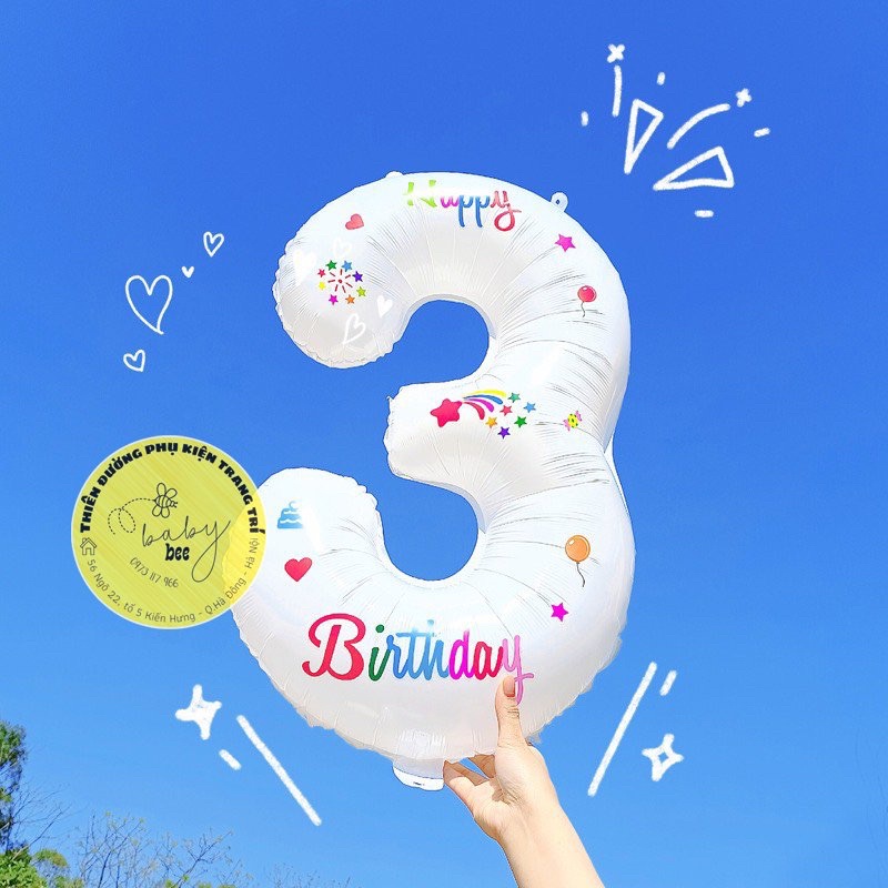 Bóng Số Màu Trắng Kèm Decan Hoạ Tiết Xinh Xắn trang trí sinh nhật nhà Baby bee