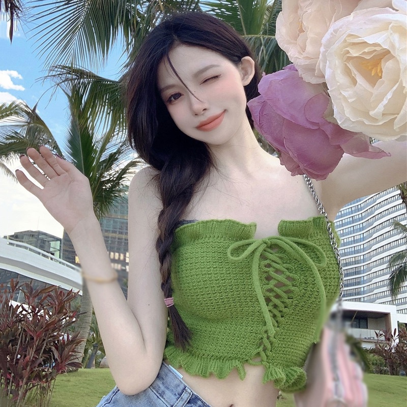 Áo hai dây croptop dệt kim màu trơn thiết kế rút dây thời trang hàn quốc cho nữ Áo Croptop