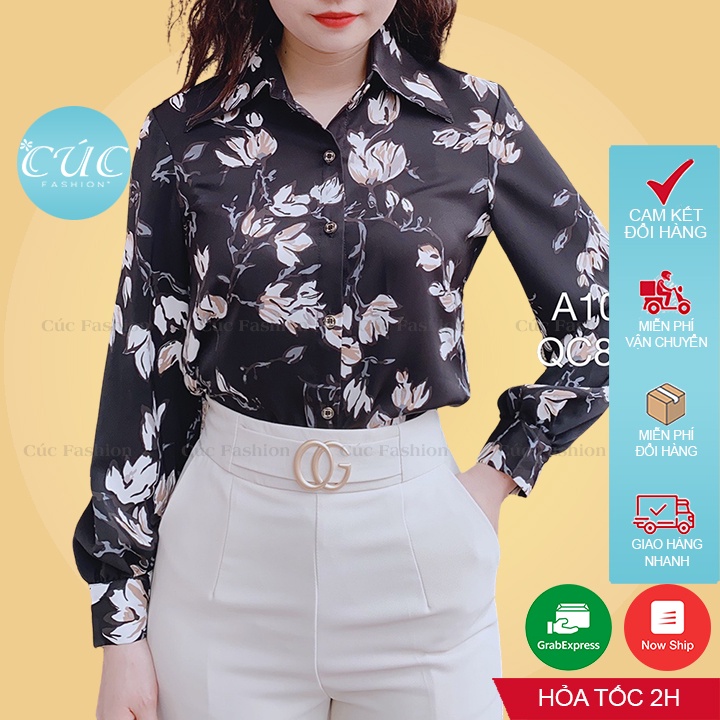 Áo sơ mi nữ Cúc Fashion somi dài tay cổ đức cao cấp vải lụa đẹp hoa đen trắng xanh thời trang công sở đi du lịch A1060