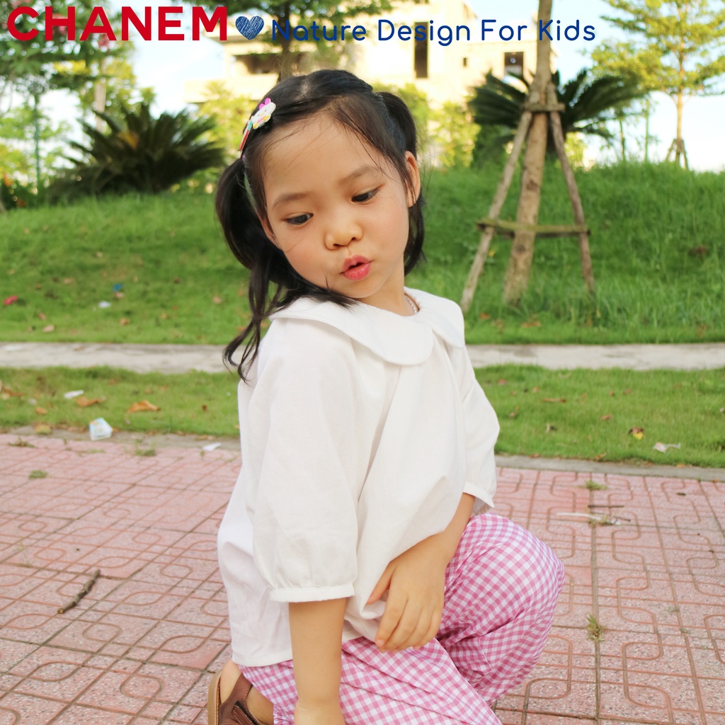Áo sơmi trắng cho bé gái cổ sen nhún điệu đà tay lửng chất liệu cotton cho bé yêu từ 1 - 10 tuổi CHANEM