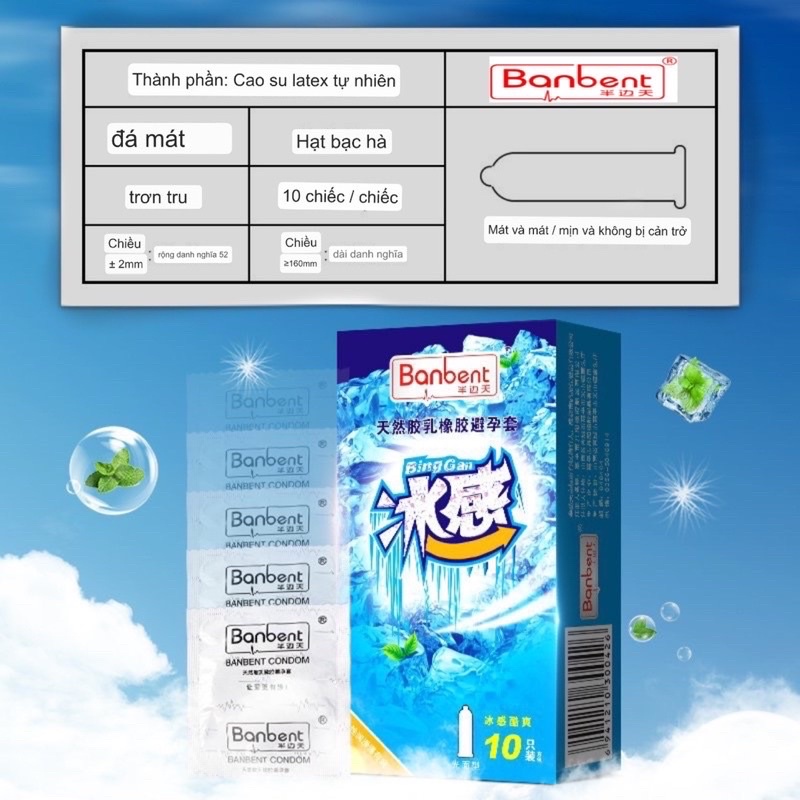 Bao cao su BANBENT Biggan hương bạc hà, cảm giác the mát,siêu mỏng 0.01, nhiều gel, 10 bcs kèm quà tặng
