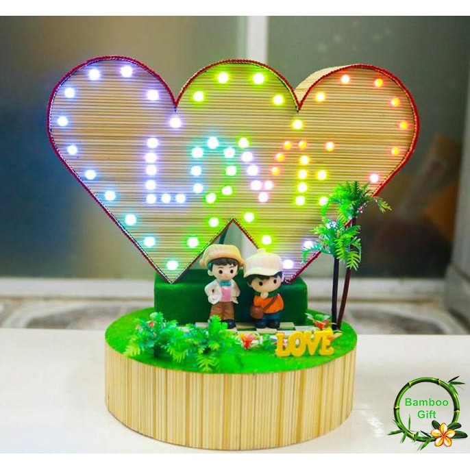 Mô Hình Tăm Tre Trái Tim Đôi Có Chữ Love Đèn Led Hiệu Ứng