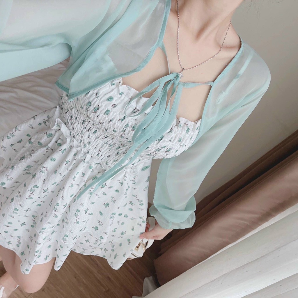 Set váy hoa nhí tầng và áo khoác bánh bèo xinh xắn