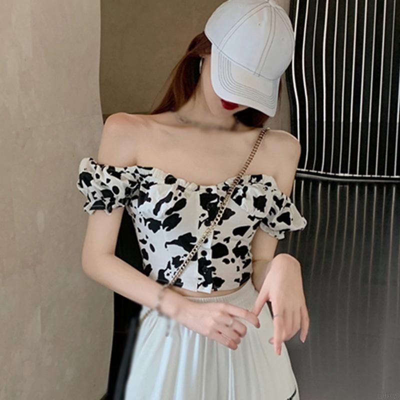 Áo Trễ Vai Tay Phồng Họa Tiết Bò Sữa Thời Trang Dành Cho Nữ