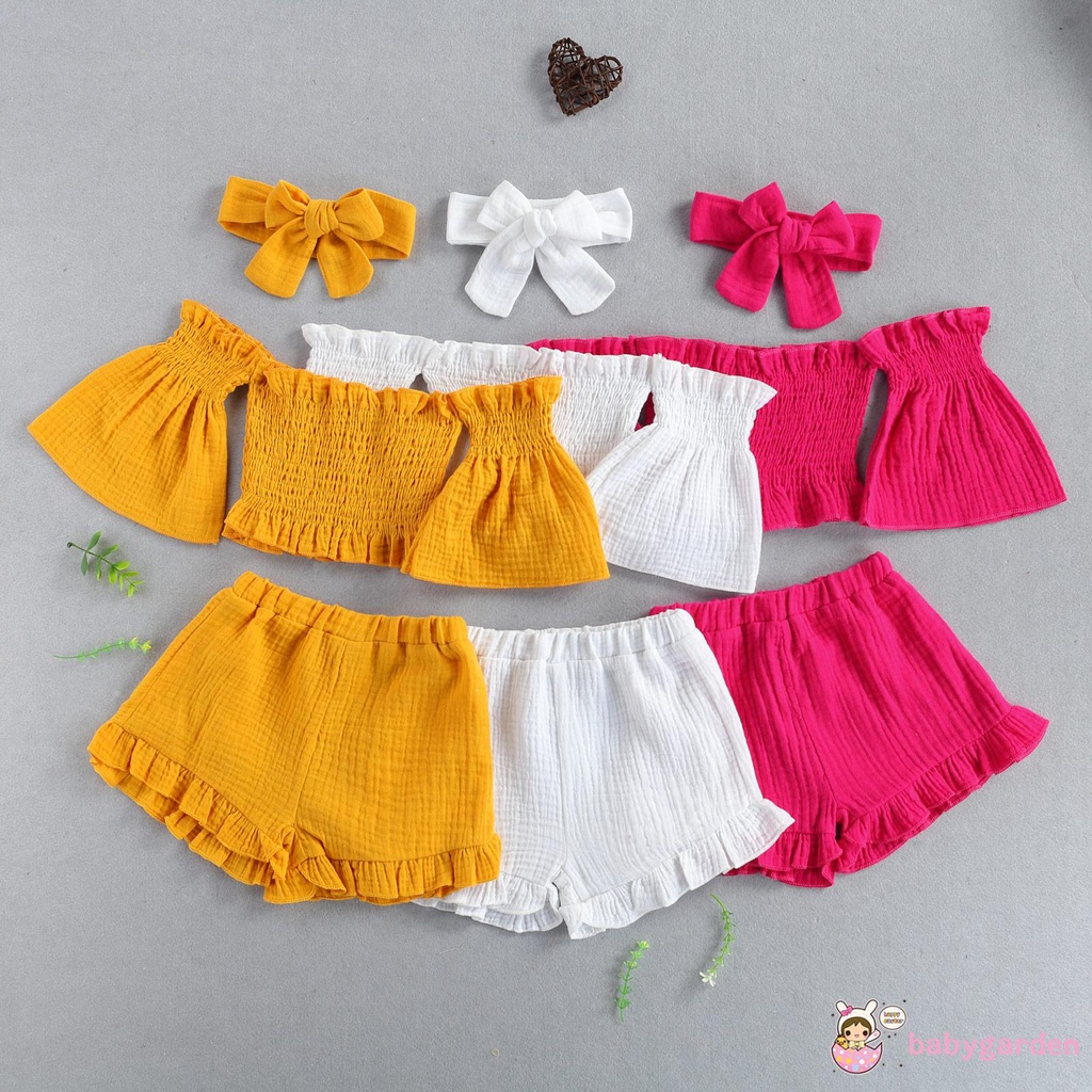 Áo Trễ Vai Tay Loe Màu Trơn + Quần Ngắn + Băng Buộc Đầu Hợp Thời Trang Cho Bé Gái