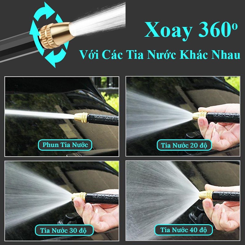 Bộ súng phun nước rửa xe áp lực cao dùng trong gia đình Ống nước mềm 10m, có 3 đầu chuyển đổi - Chổi tưới nhà tự động