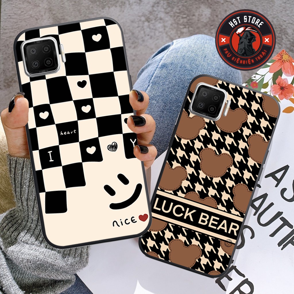 Ốp lưng Oppo A73 / Oppo A93 4G / Oppo A93 5G - in hình chú gấu bear đen và hình trái tim caro siêu đẹp