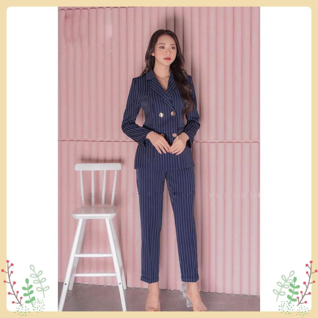 Set Đồ Nữ Lury - Áo Blazer Thiết Kế Quần Dài Dáng Baggy Kẻ Sọc, Form Chuẩn Cực Tôn Dáng Vải Cao Cấp Màu Xanh/Ghi SV101
