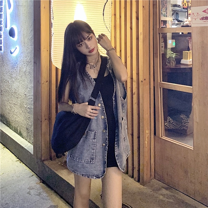 Áo khoác vải denim không tay dáng rộng thời trang retro Hàn Quốc dành cho nữ
