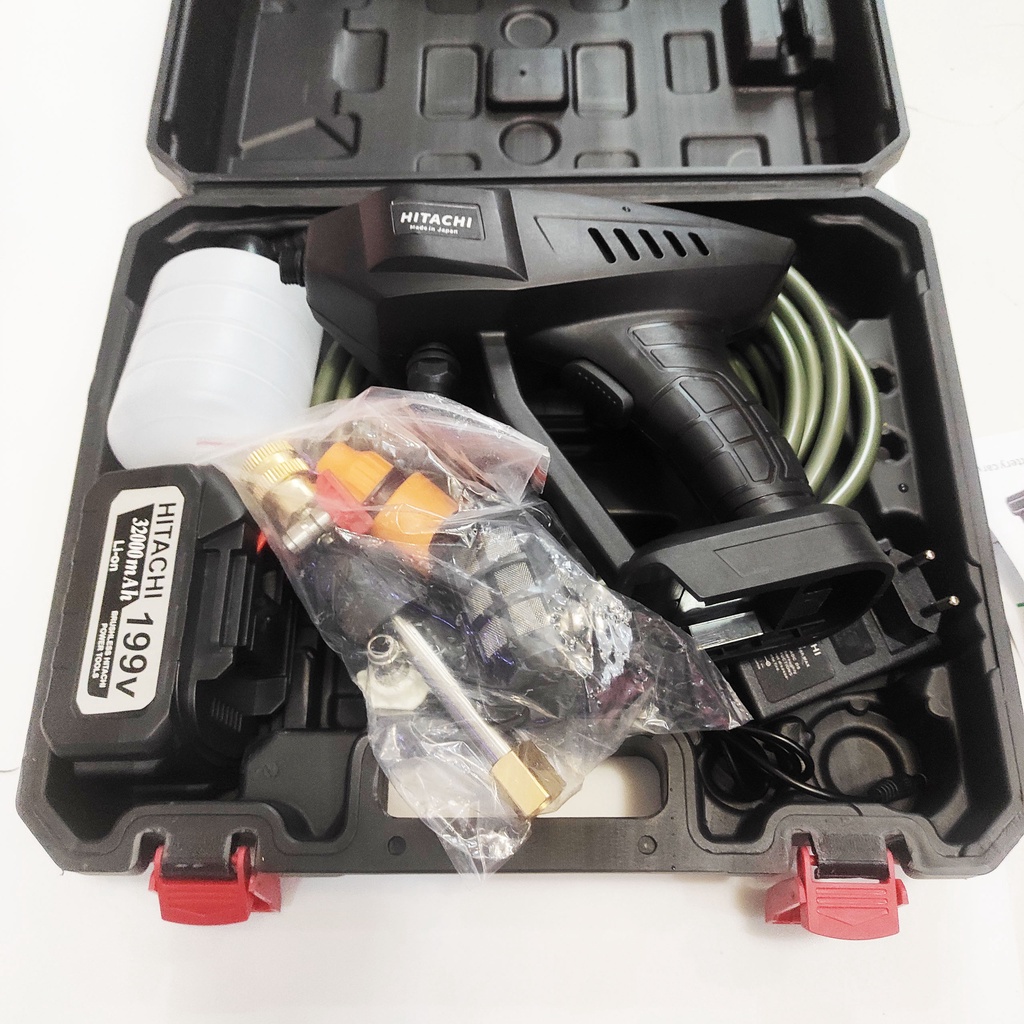 Máy rửa xe mini cầm tay cao áp máy xịt rửa xe gia đình hitachi có bình tạo bọt pin trâu giá rẻ full box phụ kiện