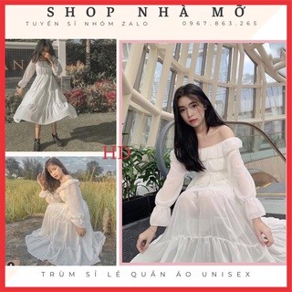 Váy Tiểu Thư Trắng Trễ Vai  Vintage  Màu Trắng -  Thiết Kế ulzzang - [ Giá Rẻ Nhất Shopee ] phong cách hàn quốc