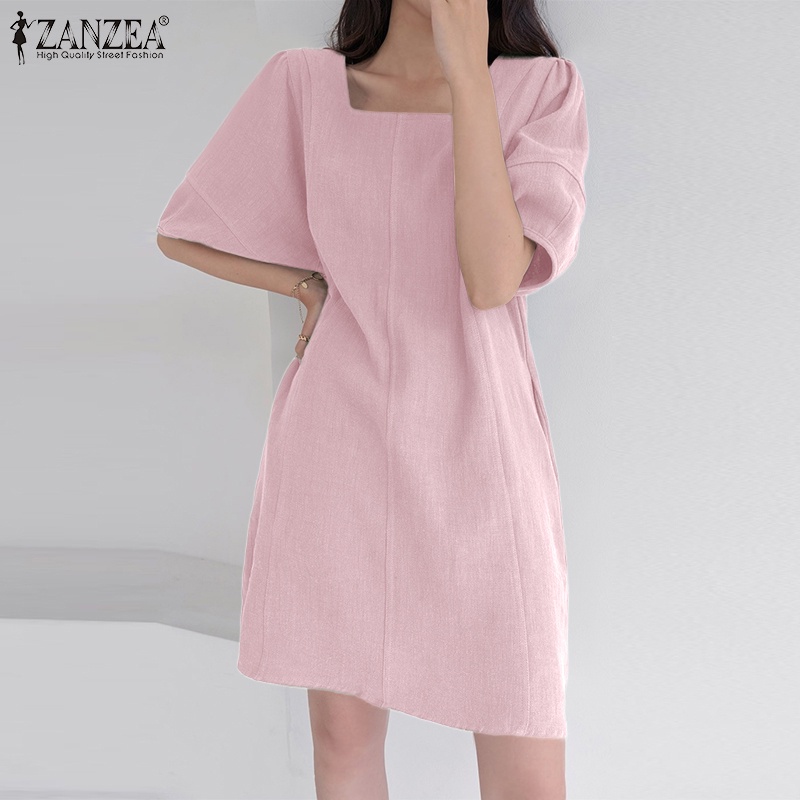 Đầm ZANZEA tay ngắn cổ vuông màu trơn phong cách Hàn Quốc cho nữ