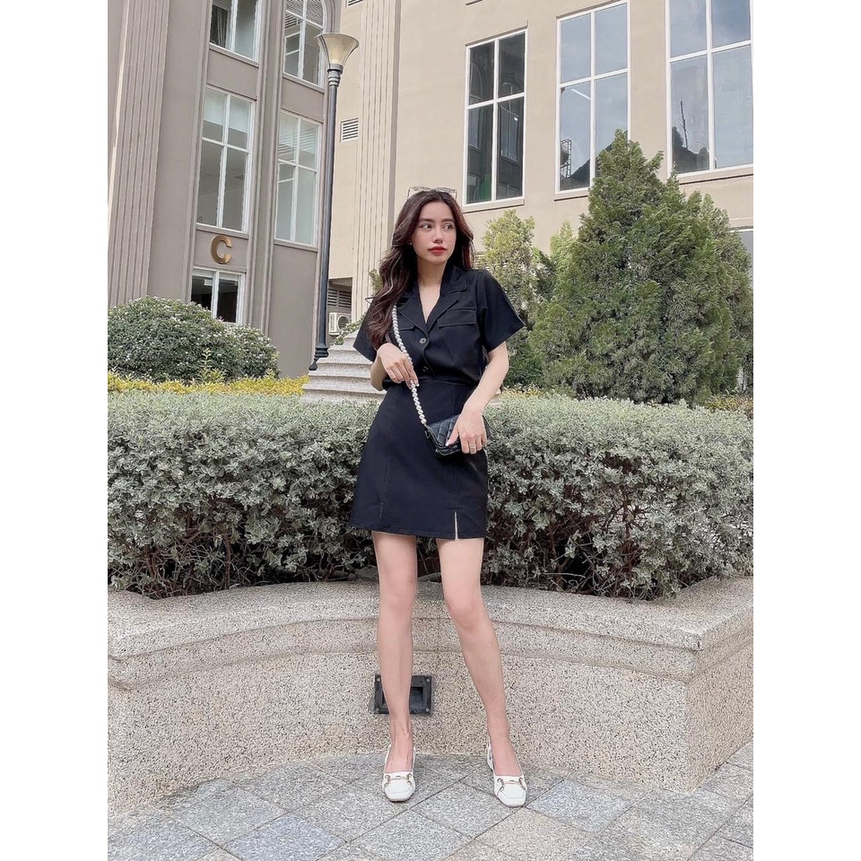 Set bộ đồ nữ áo cổ vest tay ngắn phối chân váy đa dạng màu sắc (Xanh, Da, Đen) thích hợp cho nàng dạo phố, công sở