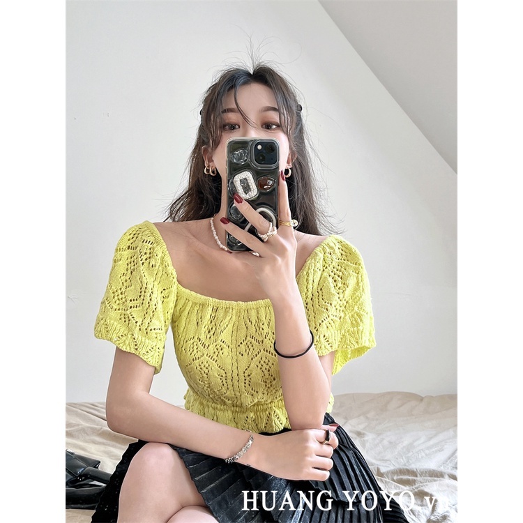 Áo dệt kim kumikumi ngắn tay cổ vuông họa tiết kẻ sọc phong cách Hàn Quốc cho nữ