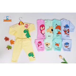 Bộ sơ sinh cài nút  tay dài cotton  100% thoáng mát 5 màu in hình thú xinh xắn Bibo Kim Thu size 1-5 (4-12 kg)