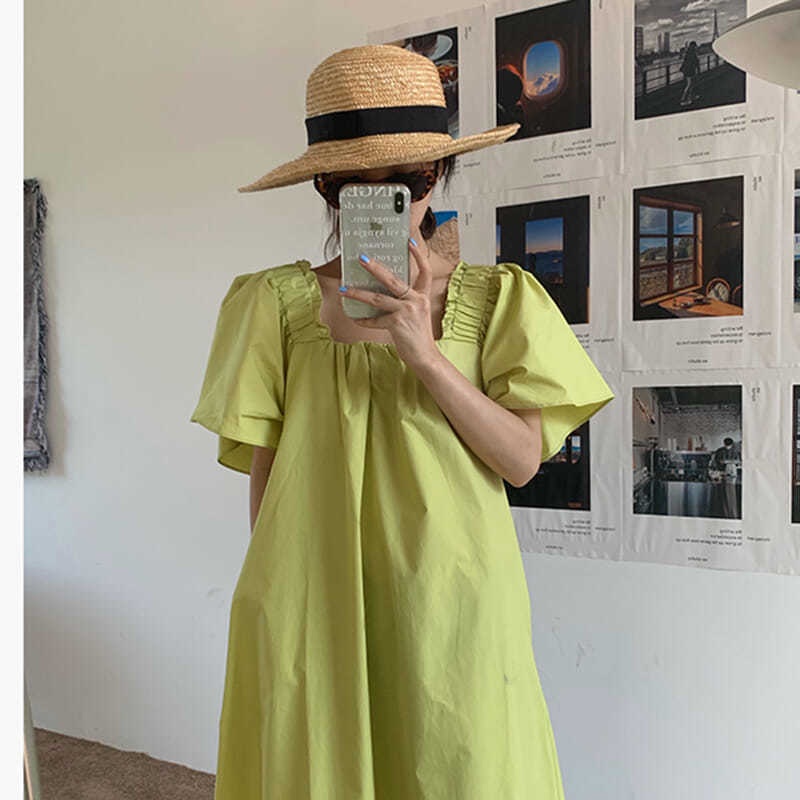 Đầm Tay Ngắn Cổ Vuông Thiết Kế Mới Xinh Xắn Thời Trang Dành Cho Nữ