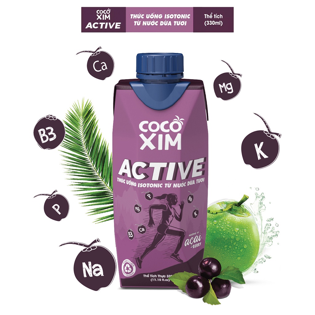 Hộp 330ml Cocoxim Active-Thức Uống isotonic Từ Nước Dừa Tươi Vị Acai Berry