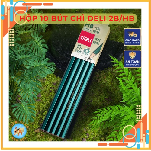 Bút chì 2B / HB chính hiệu Deli dạng hộp 10 bút tặng kèm tẩy