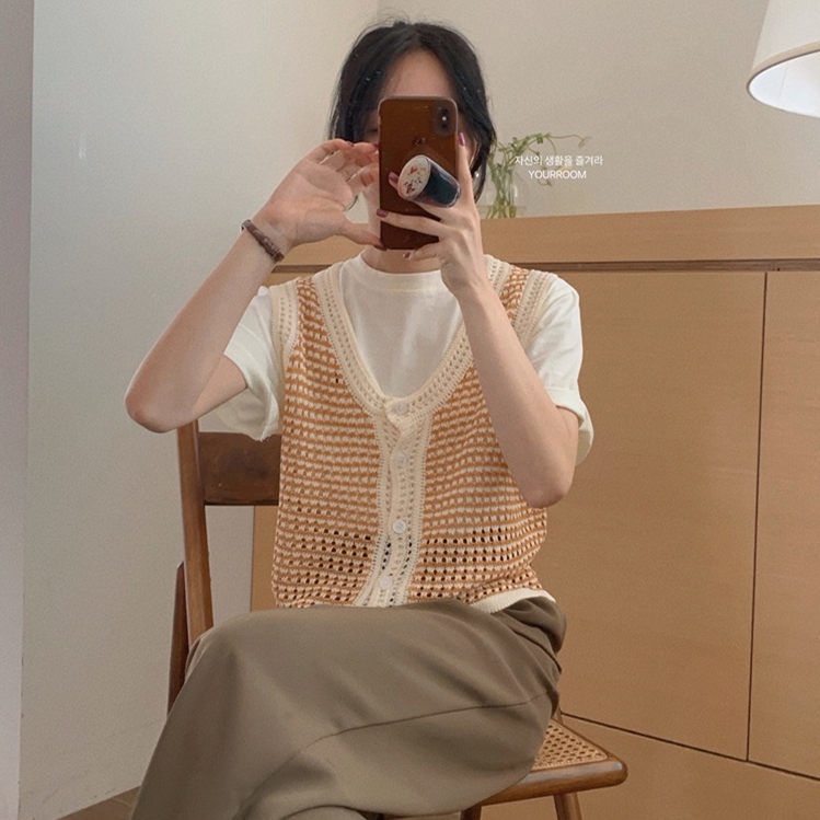 Áo Cardigan Không Tay Cổ Chữ V Màu Sắc Tương Phản Thời Trang Mùa Hè Cho Nữ