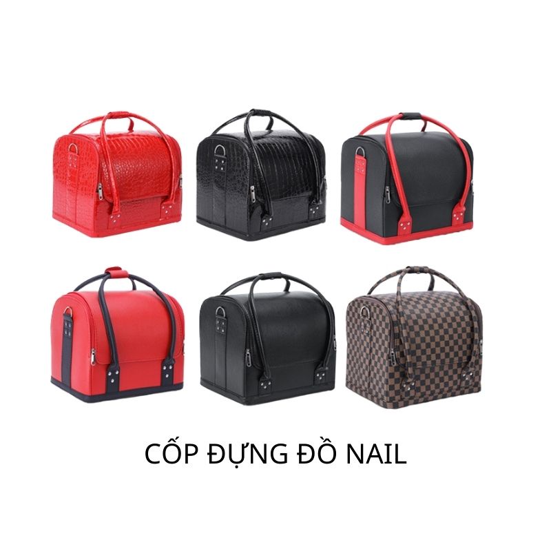 Cốp đựng đồ nail da sang chảnh phun xăm trang điểm quai xách 2 tầng 4 khay có dây đeo cao cấp