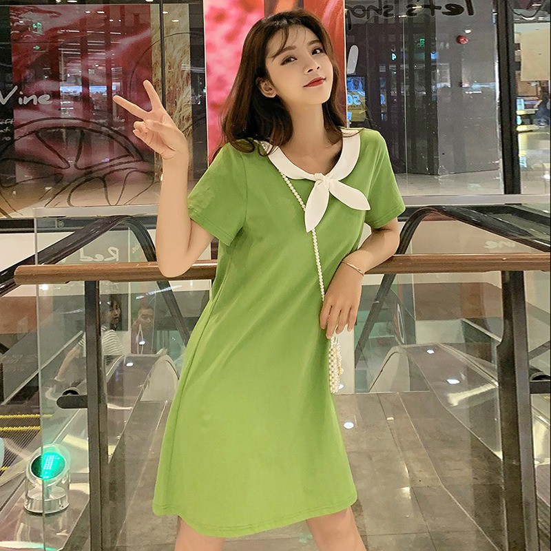 Đầm chữ A tay ngắn cổ tròn thiết kế dáng rộng che khuyết điểm