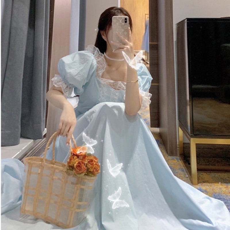 Đầm xanh công chúa dáng dài phối ren phong cách HQ nhẹ nhàng 🦋
