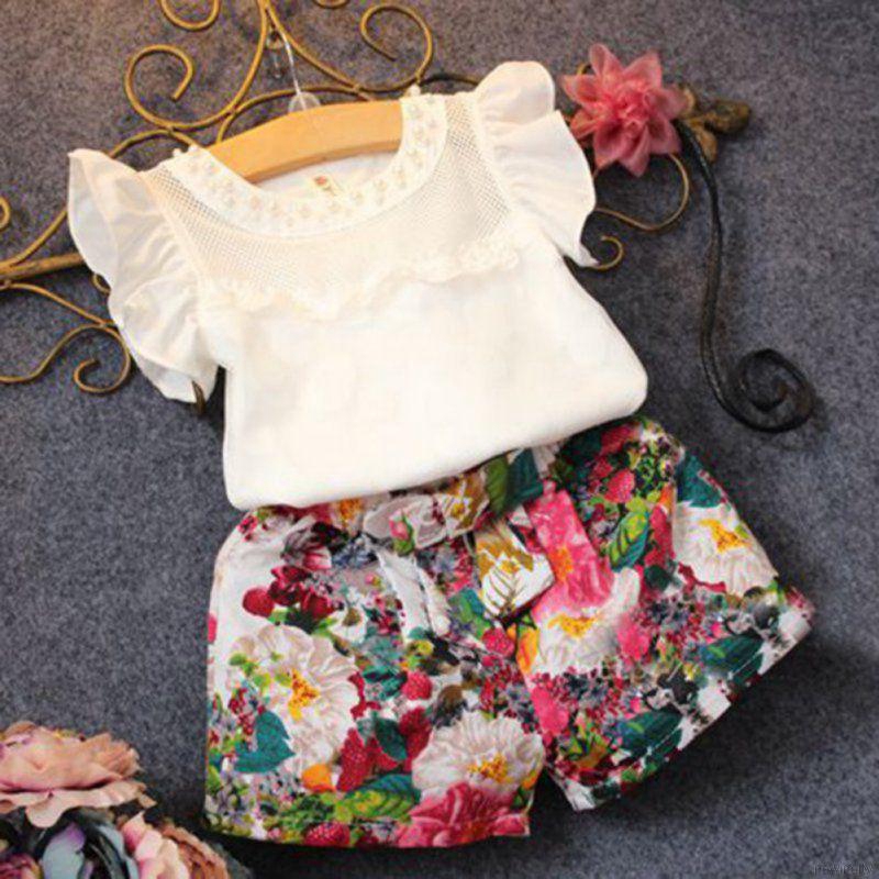 Bộ quần áo gồm 2 món áo thun không tay áo + quần short mùa hè cho bé gái