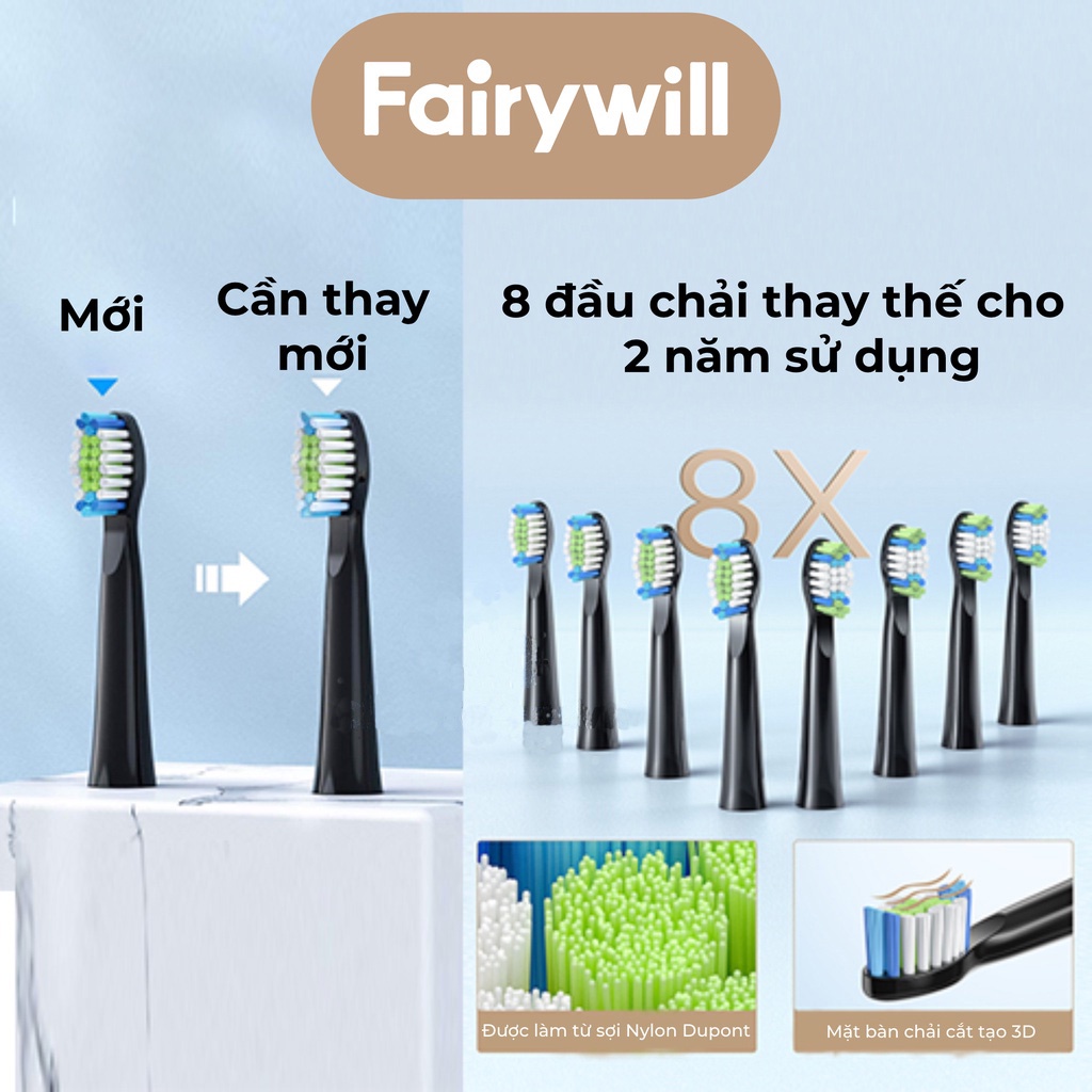 Bàn chải đánh răng điện Fairywill E11+ 8 đầu bàn chải thay thế+Hộp du lịch+Công nghệ làm sạch bằng sóng siêu âm NK21